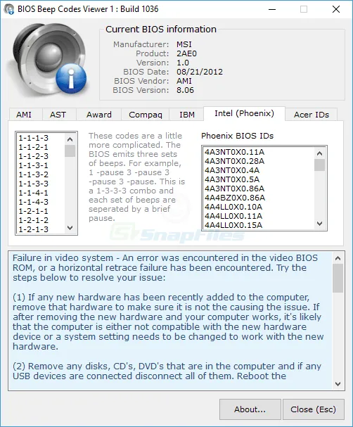 BIOS Beepcodes Viewer Ekran görüntüsü 2