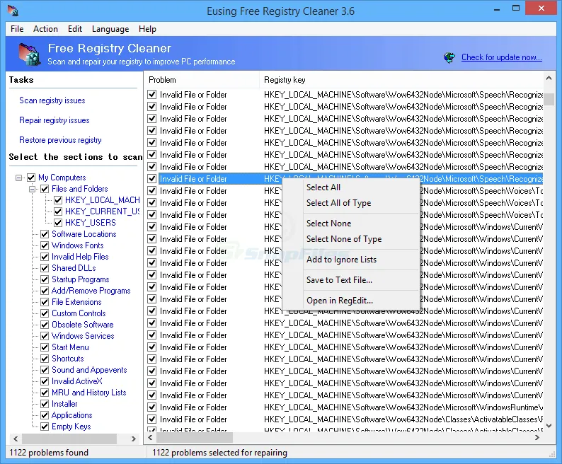 Eusing Free Registry Cleaner Ekran görüntüsü 1