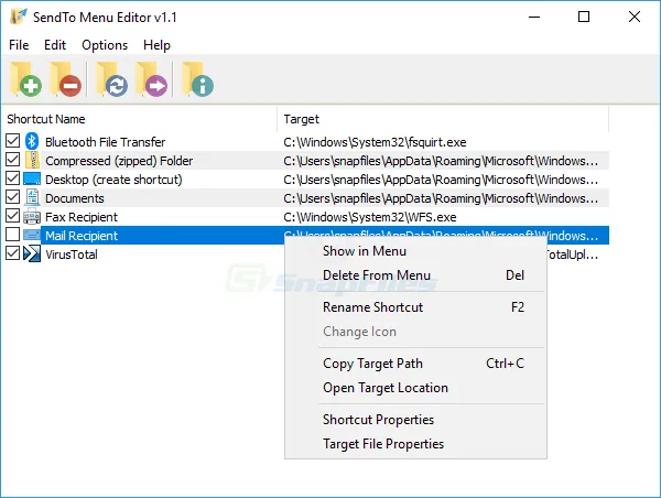 SendTo Menu Editor Ekran görüntüsü 1